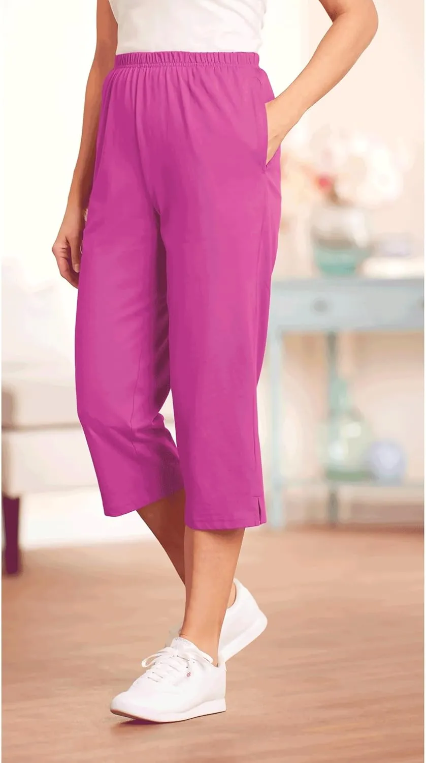 AmeriMark Womens Capri Pants - Full Elastic Waist Pedal Pushers - Ladies 100% Cotton Pull-On Cropped Pants - Side Pockets