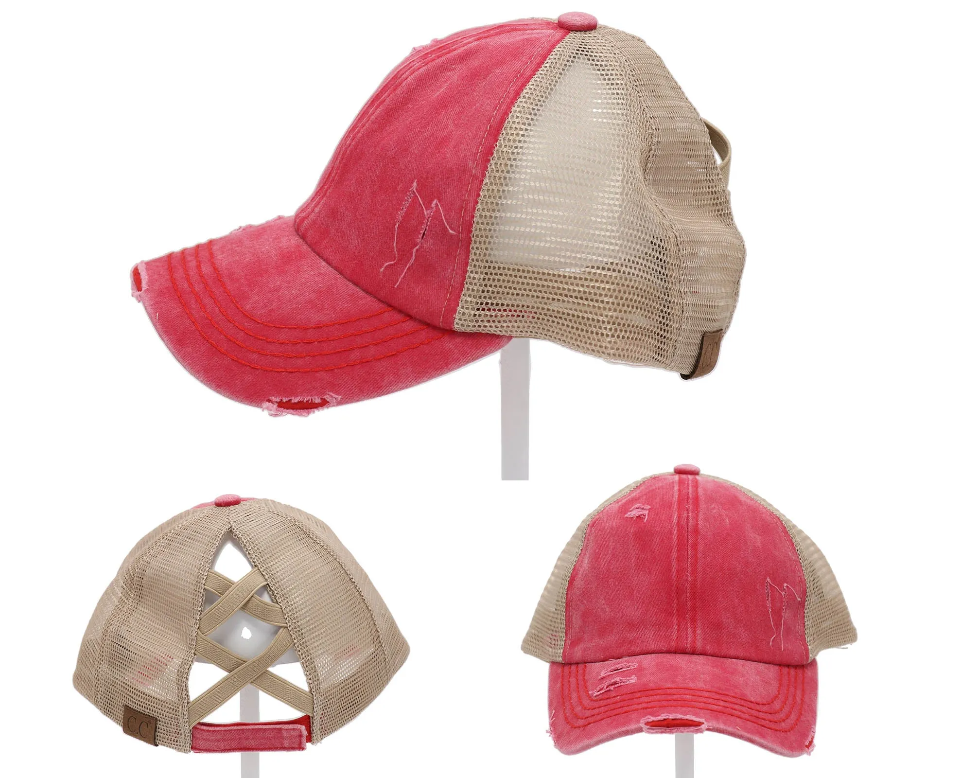 Authentic Red CC Beanie CrissCross High Ponytail Trucker Hat Distressed Wash Denim