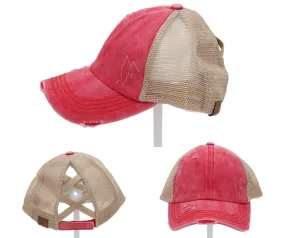 Authentic Red CC Beanie CrissCross High Ponytail Trucker Hat Distressed Wash Denim