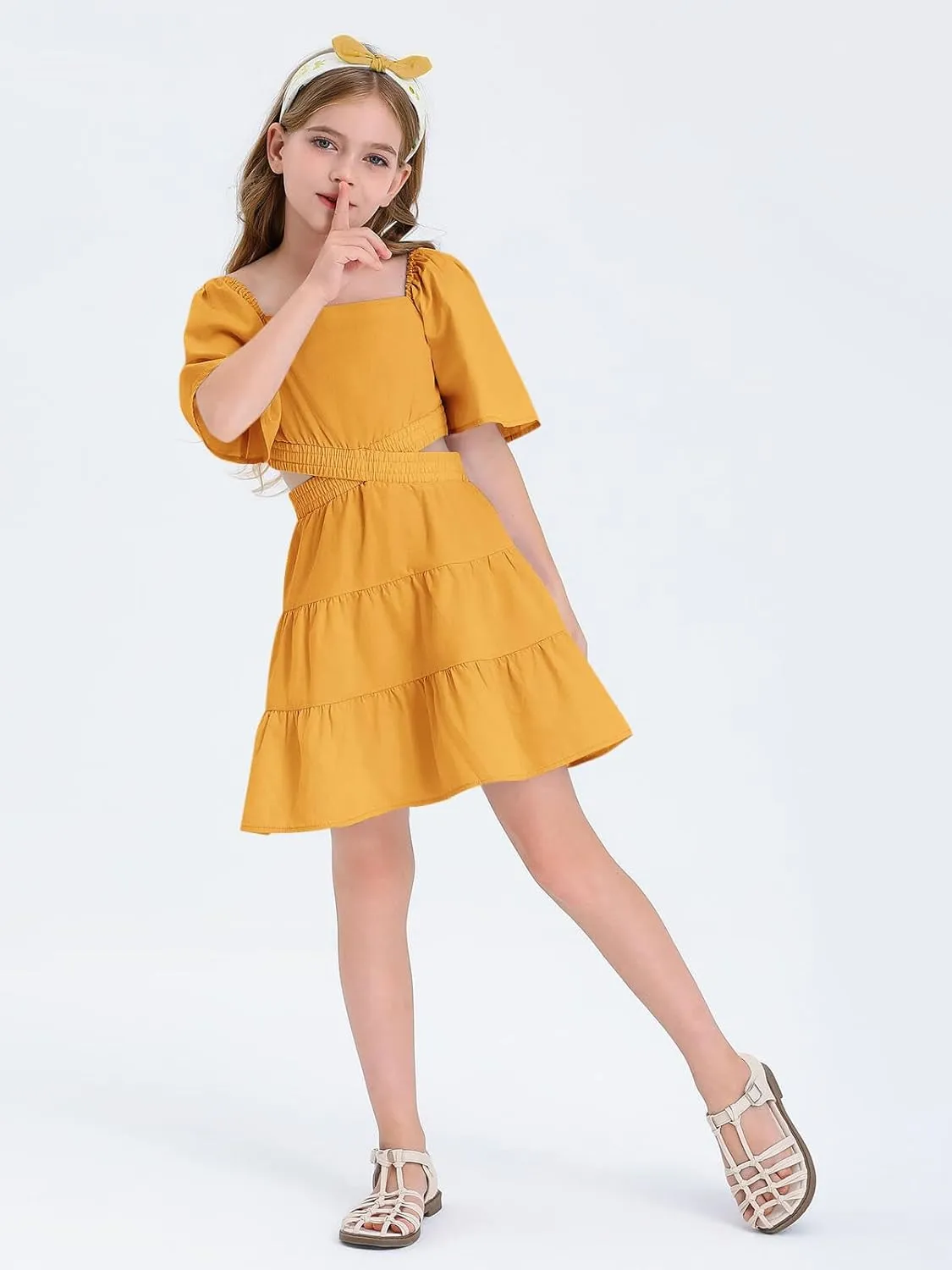 Batermoon Girls Summer Dress Square Neck Short Sleeve Crossover Waist Casual A-line Mini Dress
