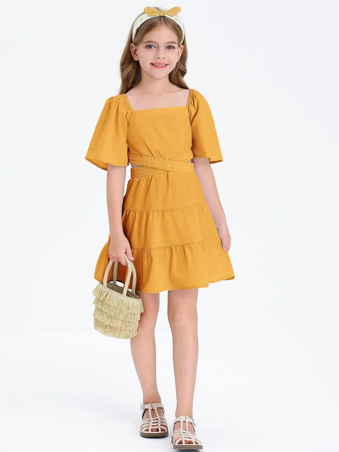 Batermoon Girls Summer Dress Square Neck Short Sleeve Crossover Waist Casual A-line Mini Dress