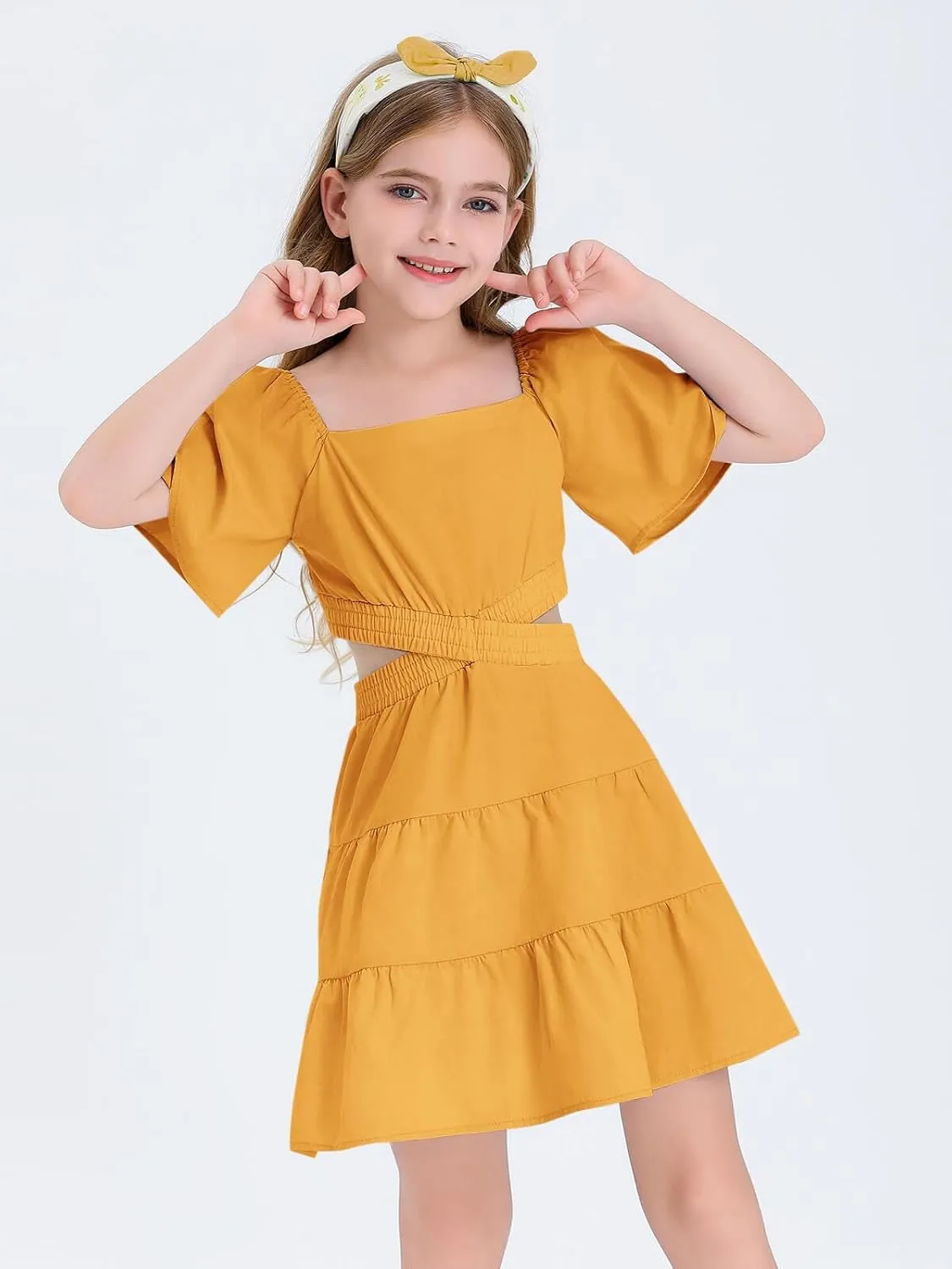 Batermoon Girls Summer Dress Square Neck Short Sleeve Crossover Waist Casual A-line Mini Dress