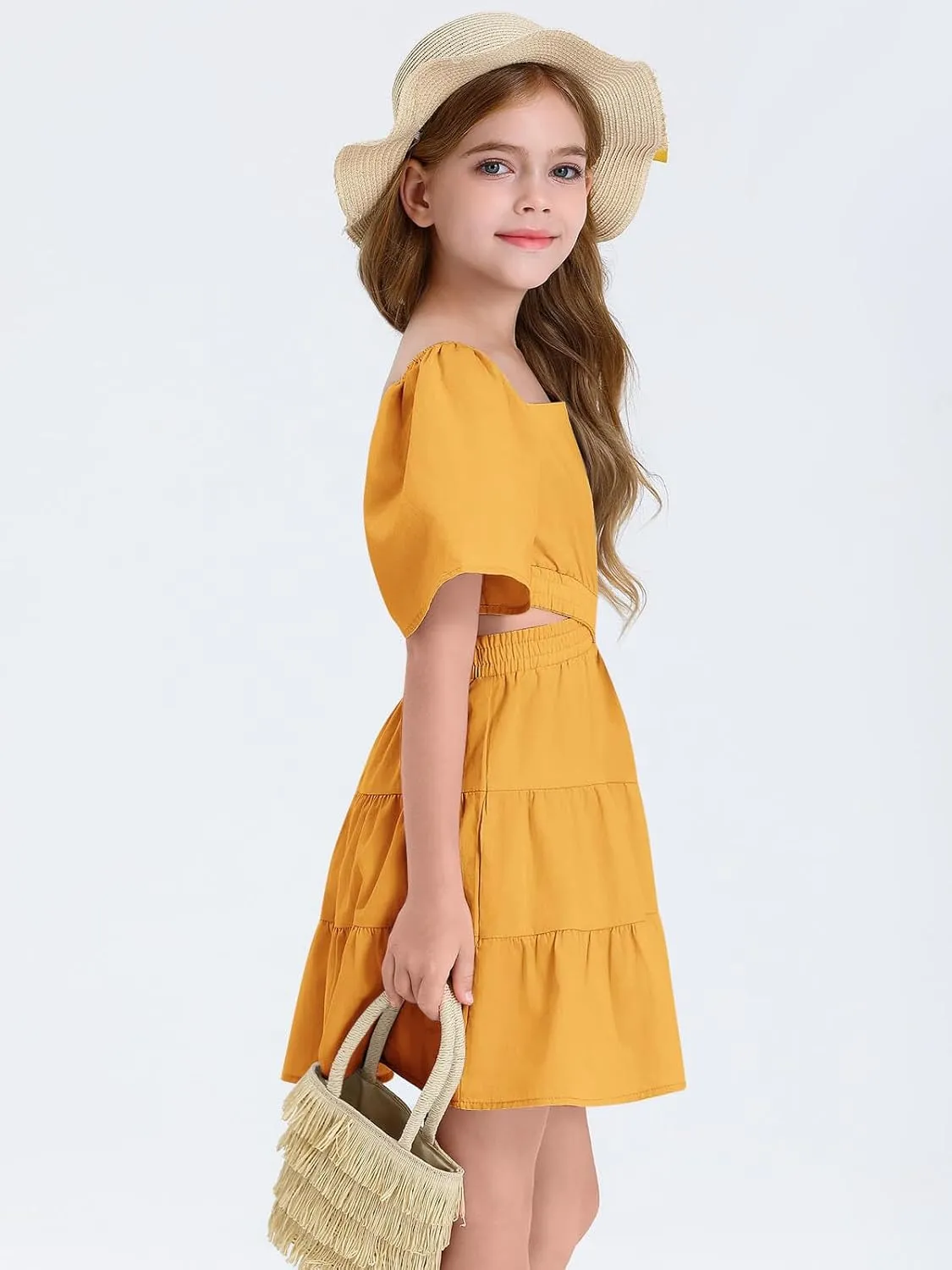 Batermoon Girls Summer Dress Square Neck Short Sleeve Crossover Waist Casual A-line Mini Dress