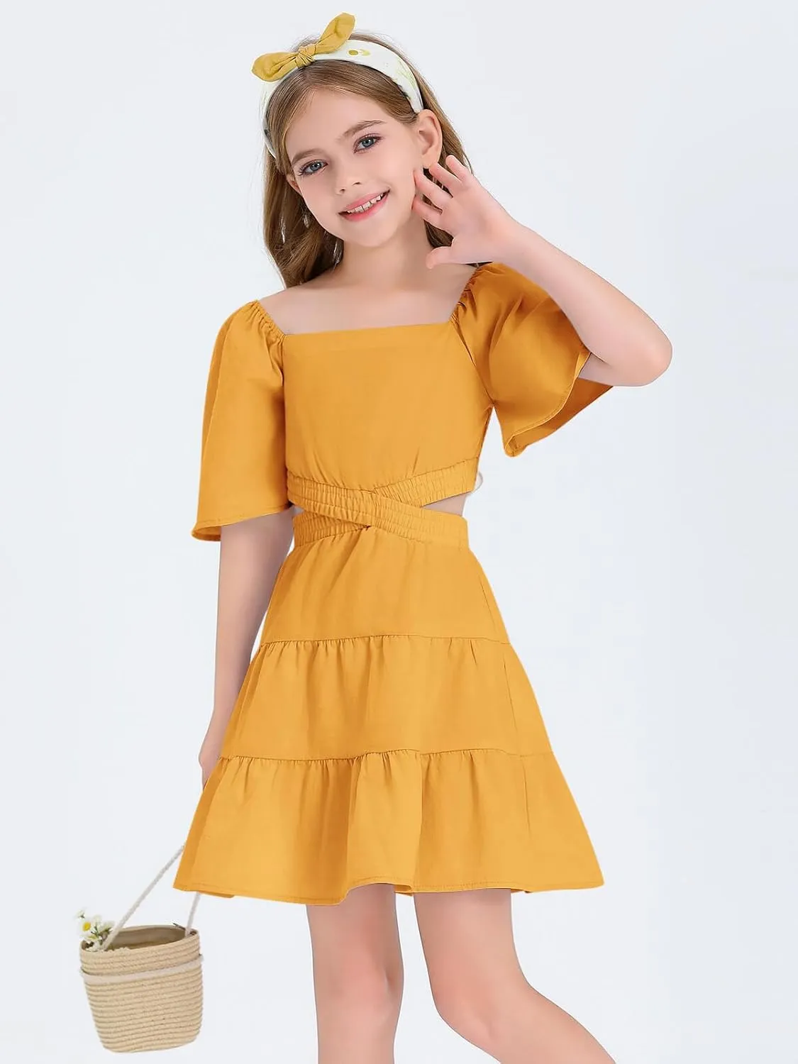 Batermoon Girls Summer Dress Square Neck Short Sleeve Crossover Waist Casual A-line Mini Dress