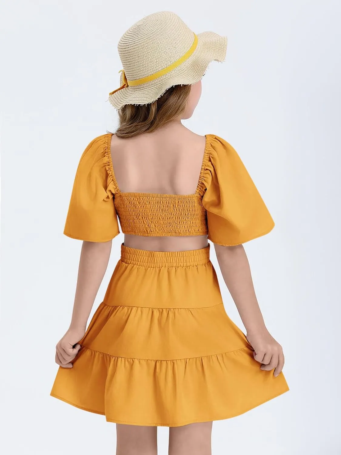 Batermoon Girls Summer Dress Square Neck Short Sleeve Crossover Waist Casual A-line Mini Dress