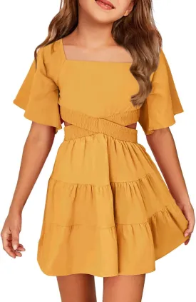 Batermoon Girls Summer Dress Square Neck Short Sleeve Crossover Waist Casual A-line Mini Dress