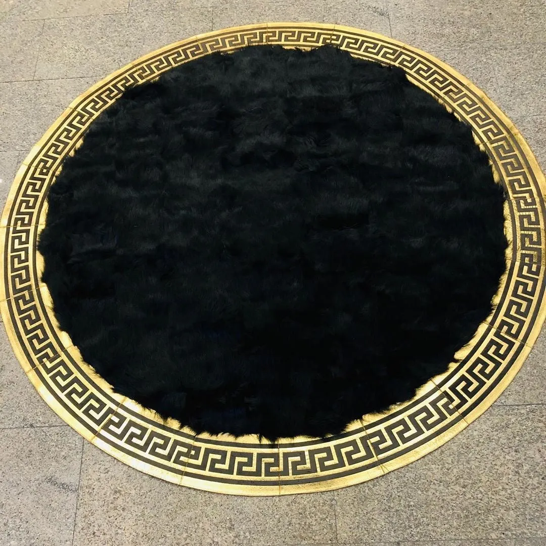 Black Round Sheepskin Area Rug, Round Leather Floor Carpet, Handmade Circle Rug