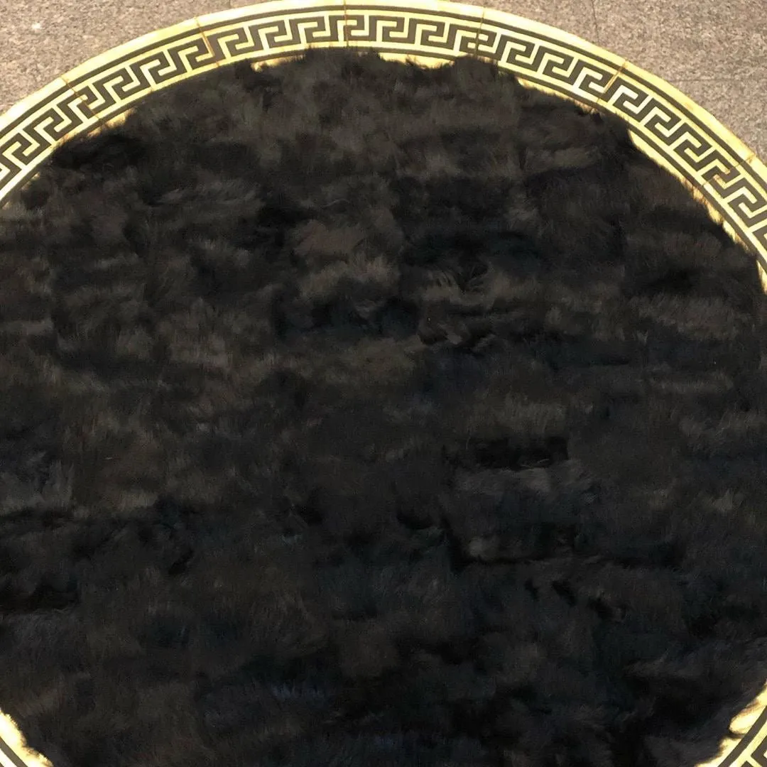 Black Round Sheepskin Area Rug, Round Leather Floor Carpet, Handmade Circle Rug