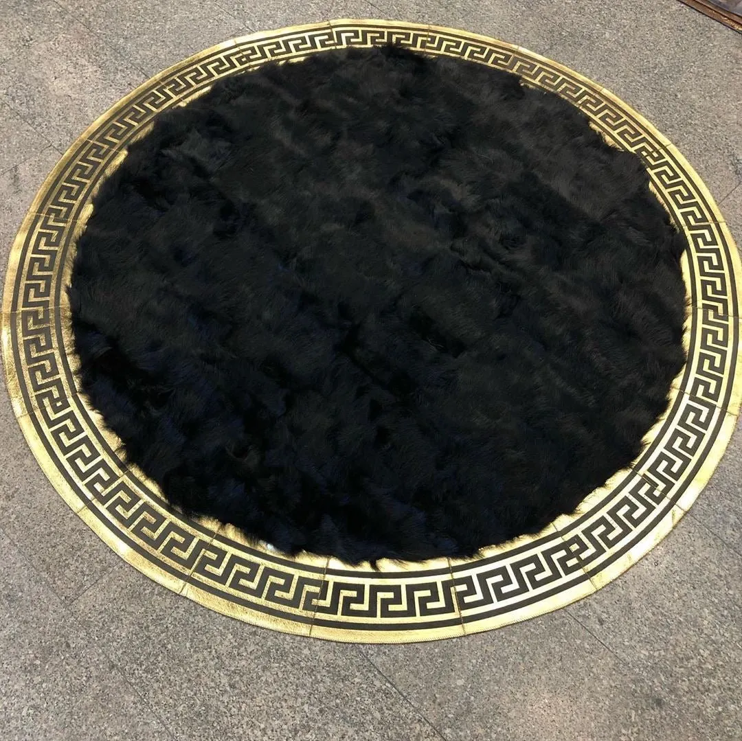 Black Round Sheepskin Area Rug, Round Leather Floor Carpet, Handmade Circle Rug