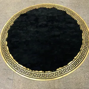 Black Round Sheepskin Area Rug, Round Leather Floor Carpet, Handmade Circle Rug