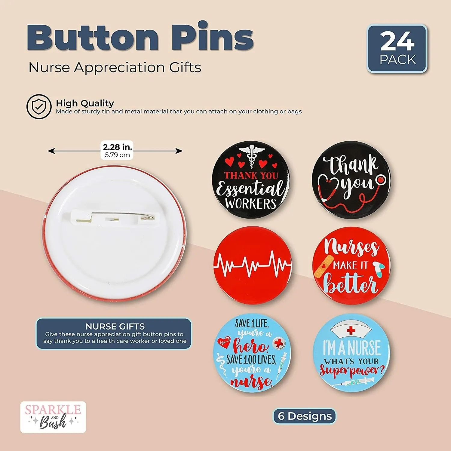Button Pins, Nurse Appreciation Gifts in 6 Designs (2.28 Inches, 24 Pieces)