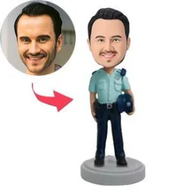 Custom Police Officer Holding Hat Bobblehead with Engraved Text