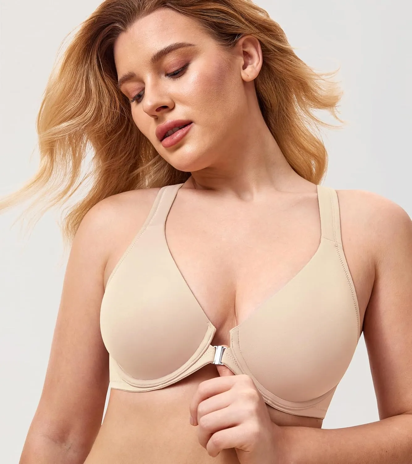 DELIMIRA Women's Front Closure Racerback Bras Plunge Unlined Underwire Full Coverage Seamless Bra B-H Cups