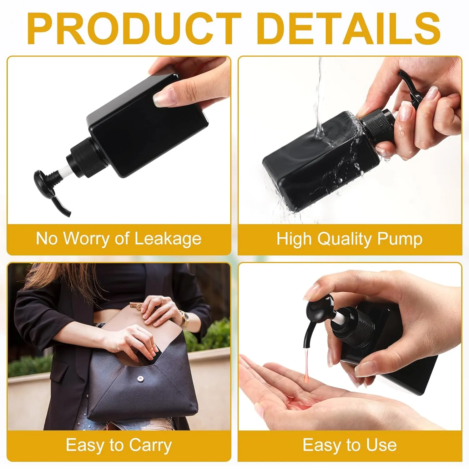 Domensi 50 Pcs 100ml /3.4 oz Pump Bottle Mini Travel Bottles Small Dispenser Containers Plastic Pump Lotion Dispenser Empty Square Travel Size Containers Toiletries (Whole Black)