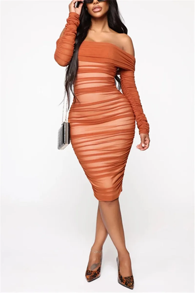 Fashion Sexy Solid Color Off Shoulder Long Sleeve Dress