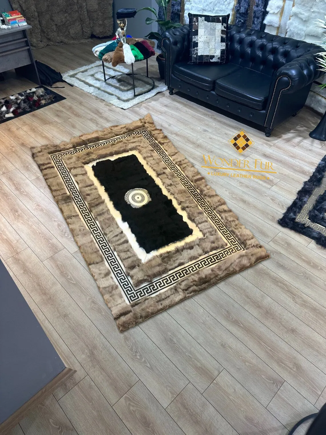 Genuine Decorative Brown Black Sheepskin Office Rug ,Soft Handmade Rug
