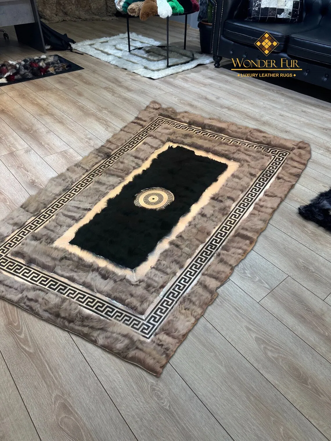 Genuine Decorative Brown Black Sheepskin Office Rug ,Soft Handmade Rug