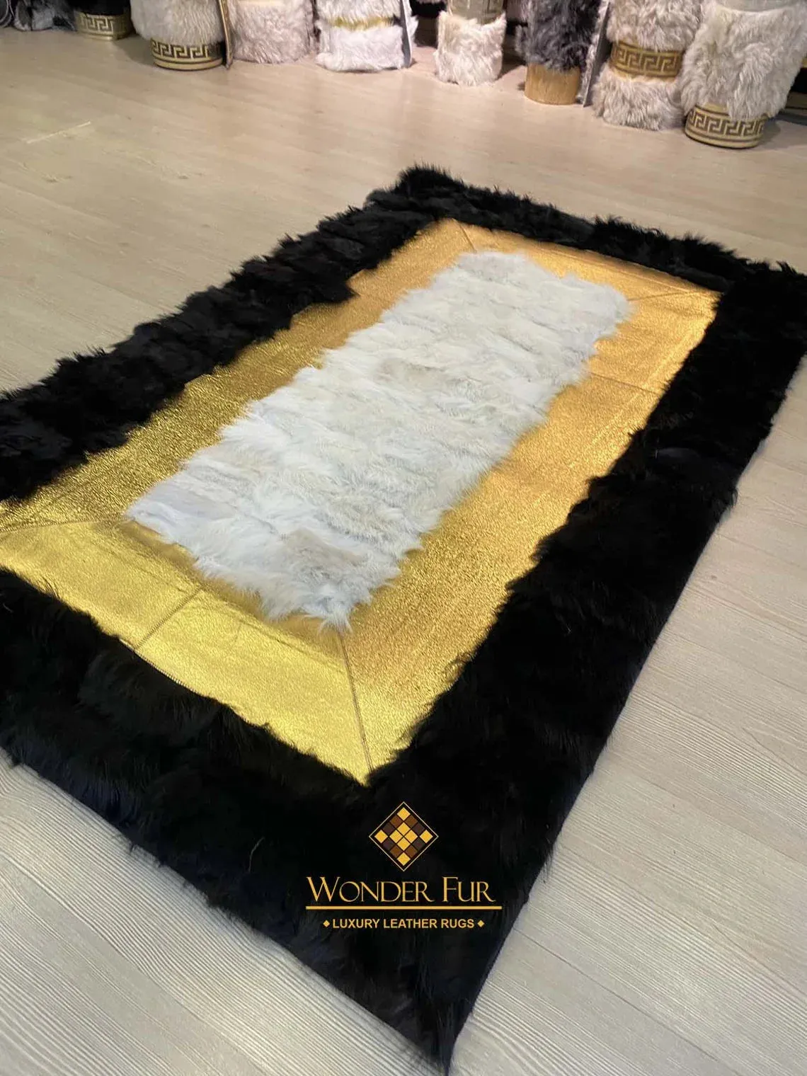 Genuine Handmade Black Gold And White Sheepskin 3x5 Living Room Carpet