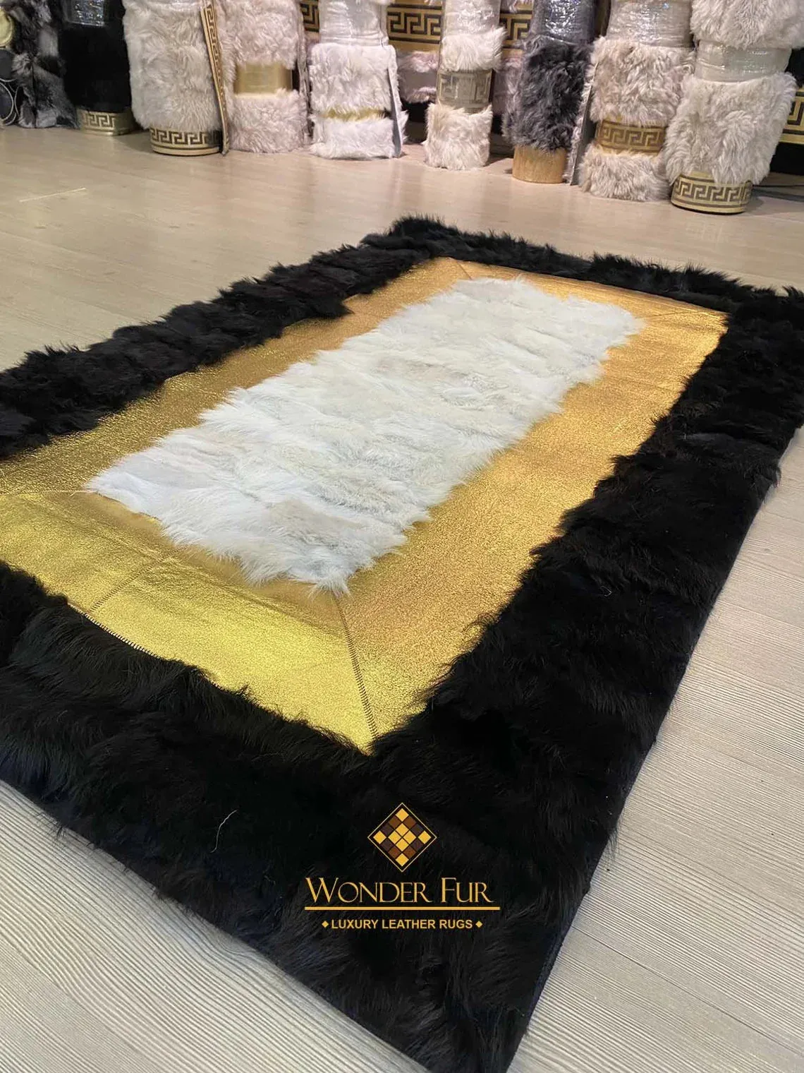 Genuine Handmade Black Gold And White Sheepskin 3x5 Living Room Carpet