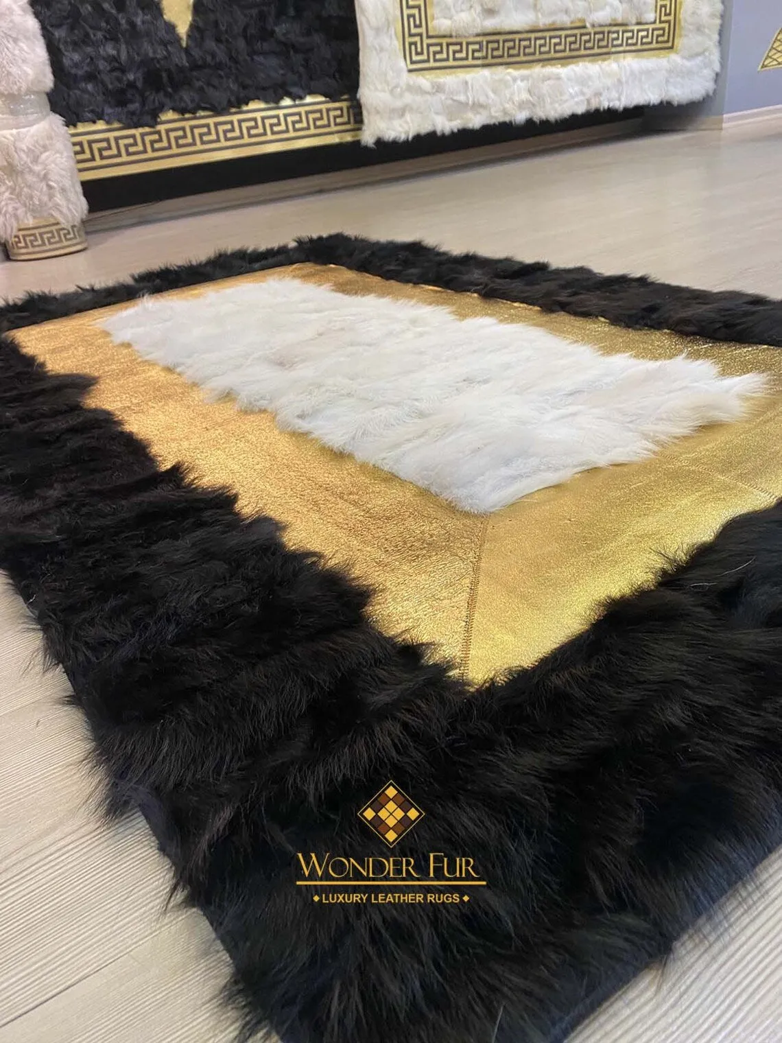 Genuine Handmade Black Gold And White Sheepskin 3x5 Living Room Carpet