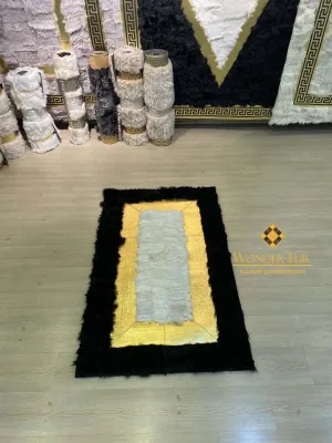 Genuine Handmade Black Gold And White Sheepskin 3x5 Living Room Carpet