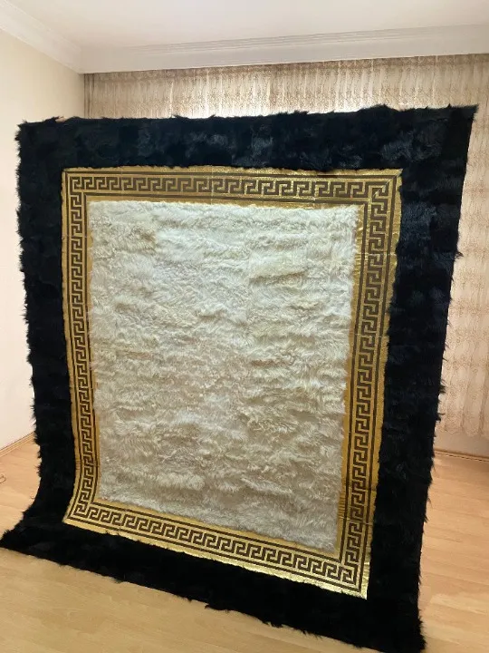 Geometric Handmade Black White And Gold Natural Sheepskin Bedroom Rug