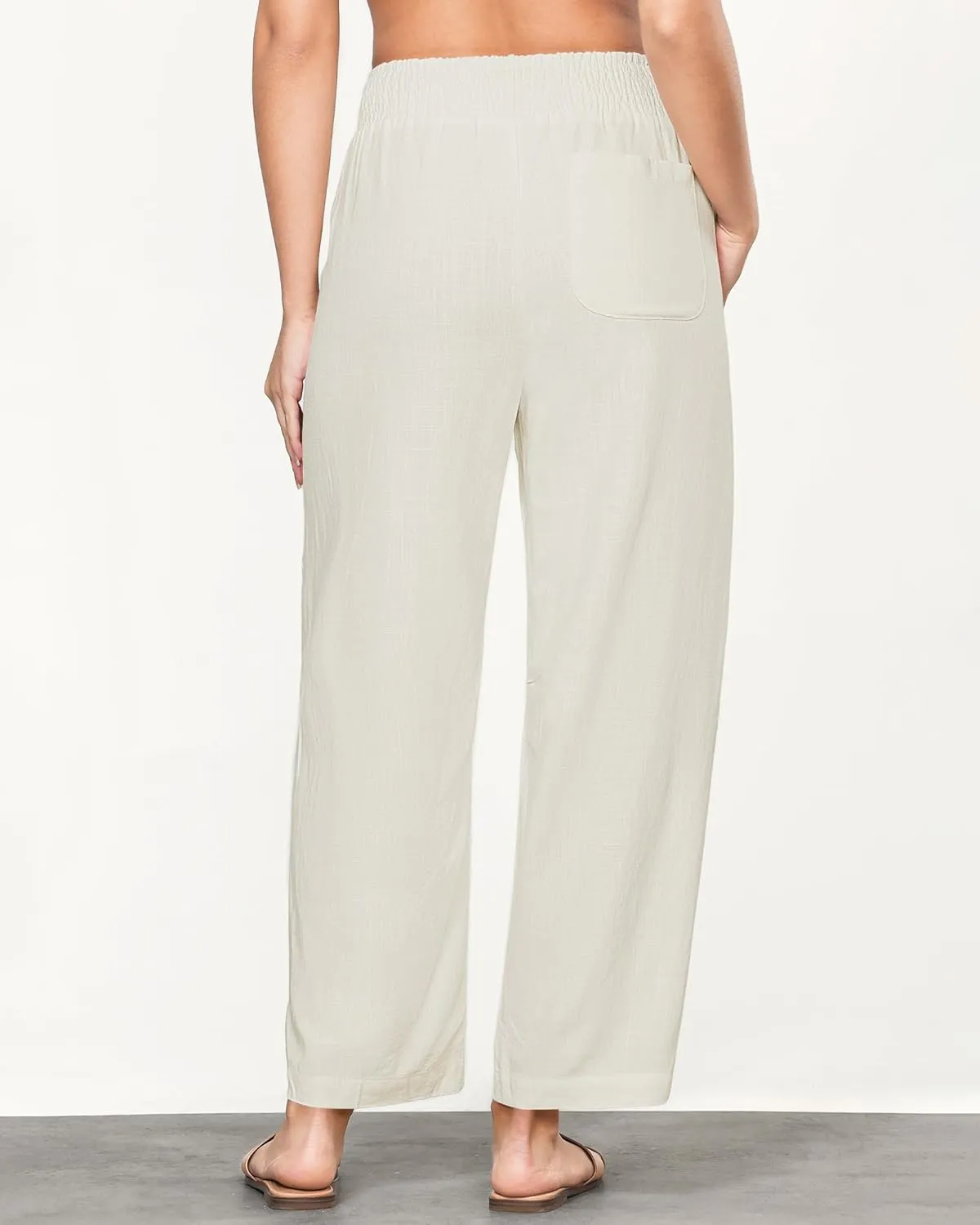 GRAPENT Linen Pants Women Wide Leg High Waisted Cropped Barrel Pull On Smocked Elastic Waist Summer Pants with Pockets