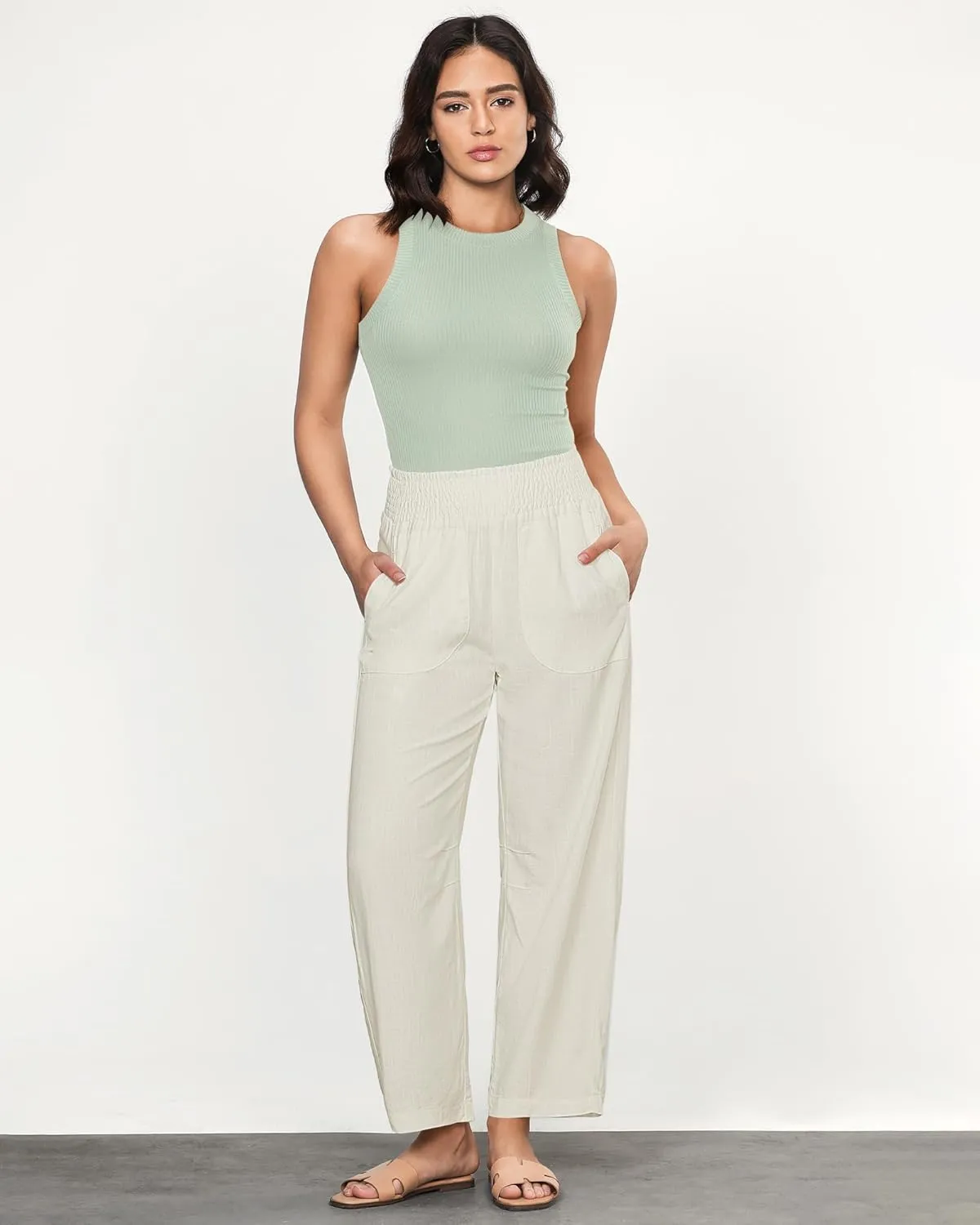 GRAPENT Linen Pants Women Wide Leg High Waisted Cropped Barrel Pull On Smocked Elastic Waist Summer Pants with Pockets