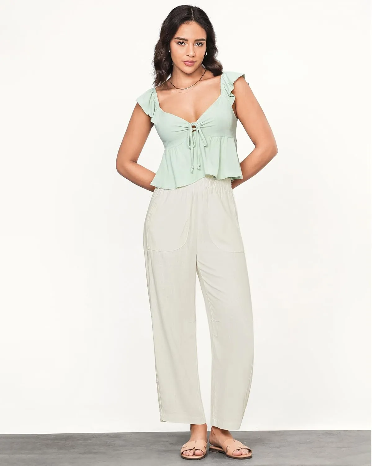 GRAPENT Linen Pants Women Wide Leg High Waisted Cropped Barrel Pull On Smocked Elastic Waist Summer Pants with Pockets