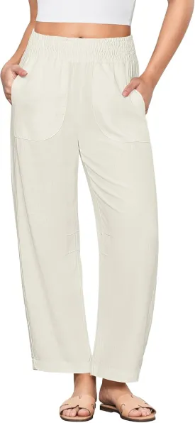 GRAPENT Linen Pants Women Wide Leg High Waisted Cropped Barrel Pull On Smocked Elastic Waist Summer Pants with Pockets