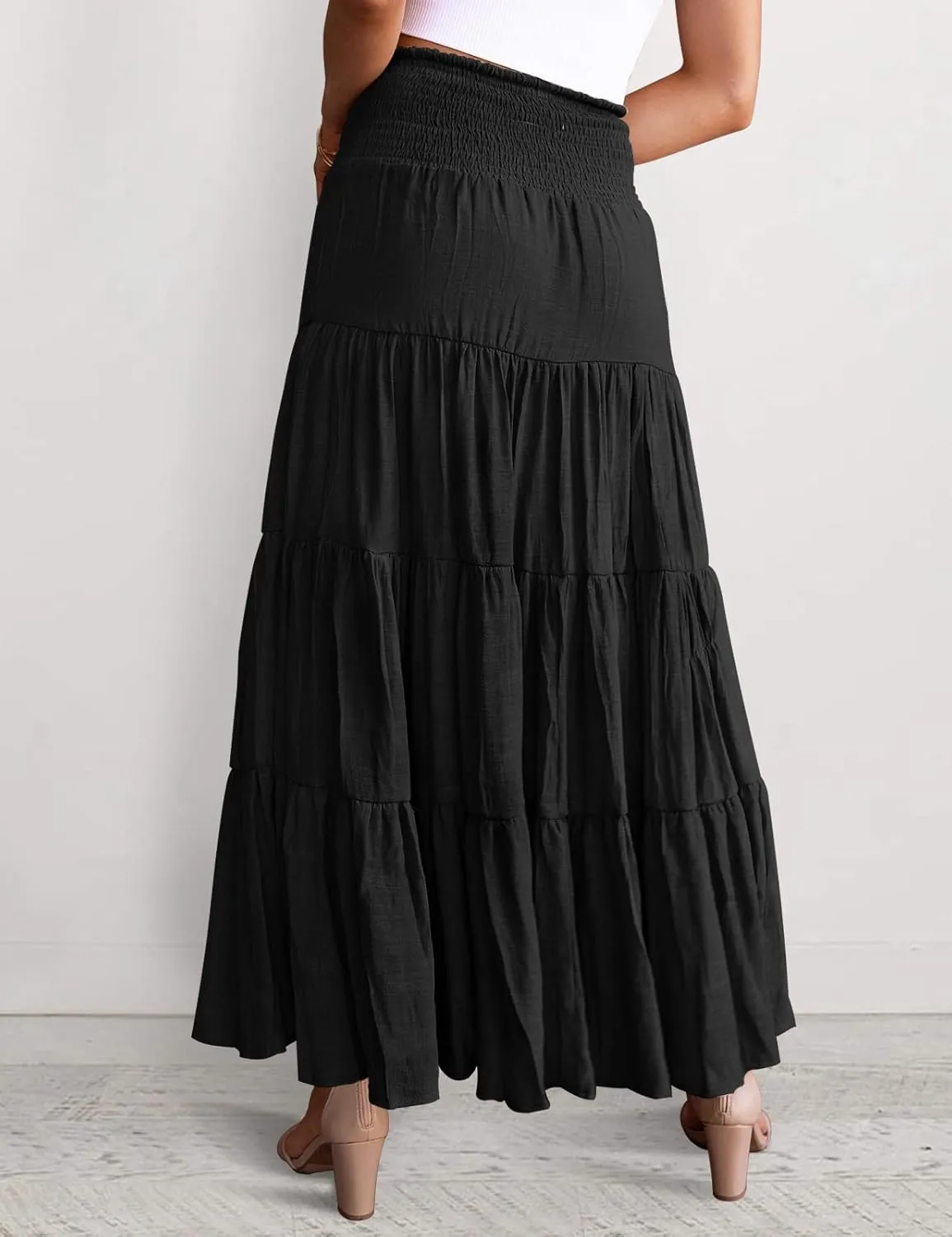 HAEOF Women's Summer Flowy Boho Maxi Skirt Trendy Smocked Waist Ruffle Tiered A Line Casual Beach Long Skirts Midi Dress