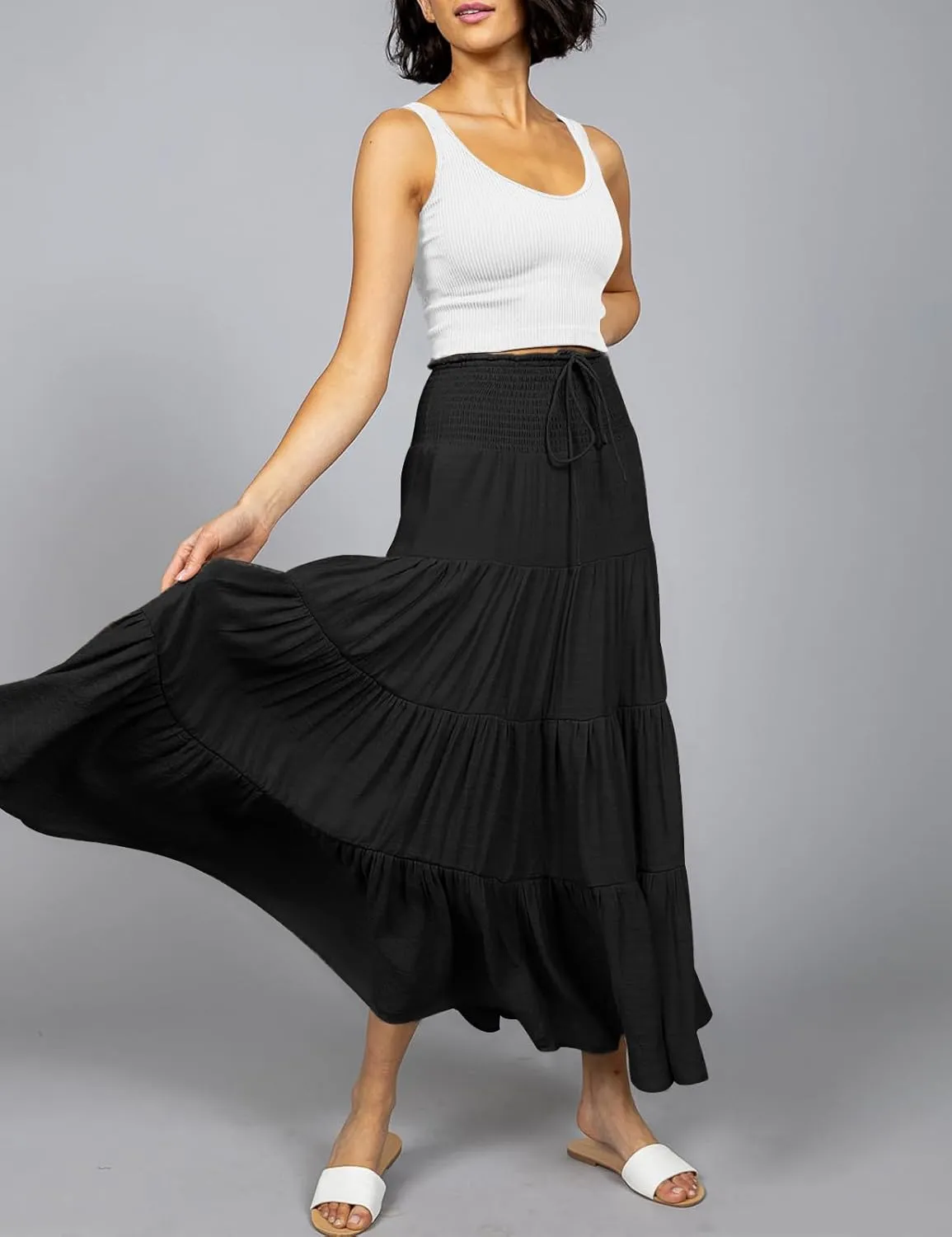 HAEOF Women's Summer Flowy Boho Maxi Skirt Trendy Smocked Waist Ruffle Tiered A Line Casual Beach Long Skirts Midi Dress