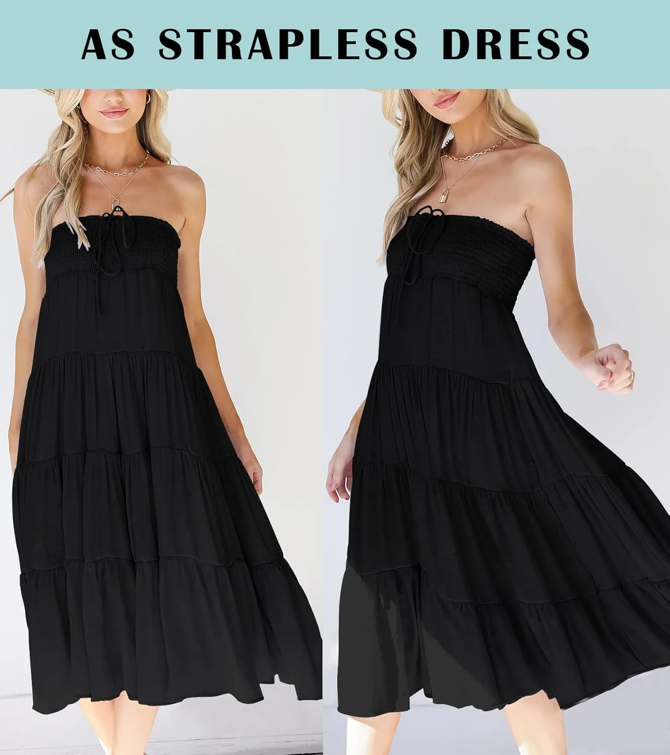 HAEOF Women's Summer Flowy Boho Maxi Skirt Trendy Smocked Waist Ruffle Tiered A Line Casual Beach Long Skirts Midi Dress