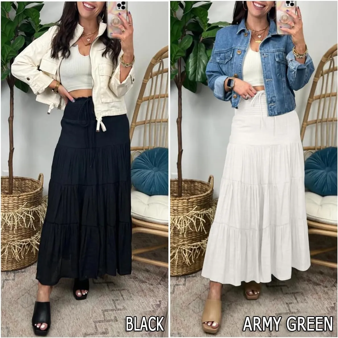 HAEOF Women's Summer Flowy Boho Maxi Skirt Trendy Smocked Waist Ruffle Tiered A Line Casual Beach Long Skirts Midi Dress