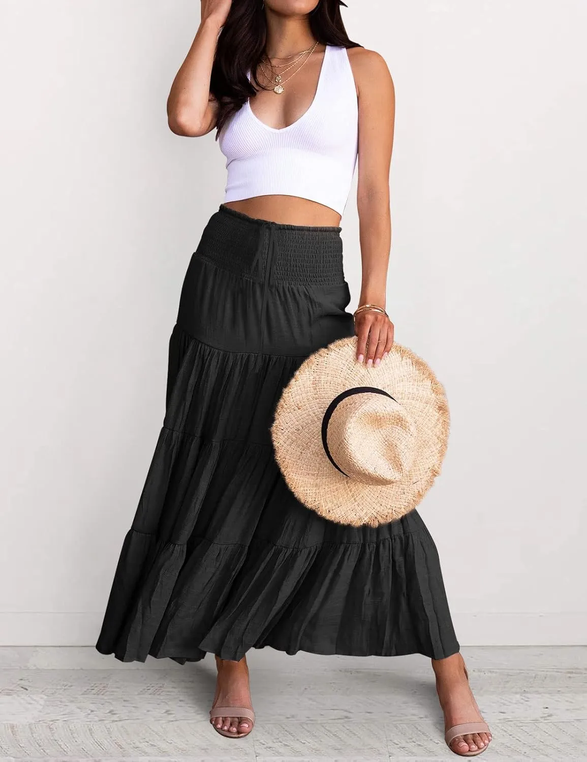 HAEOF Women's Summer Flowy Boho Maxi Skirt Trendy Smocked Waist Ruffle Tiered A Line Casual Beach Long Skirts Midi Dress