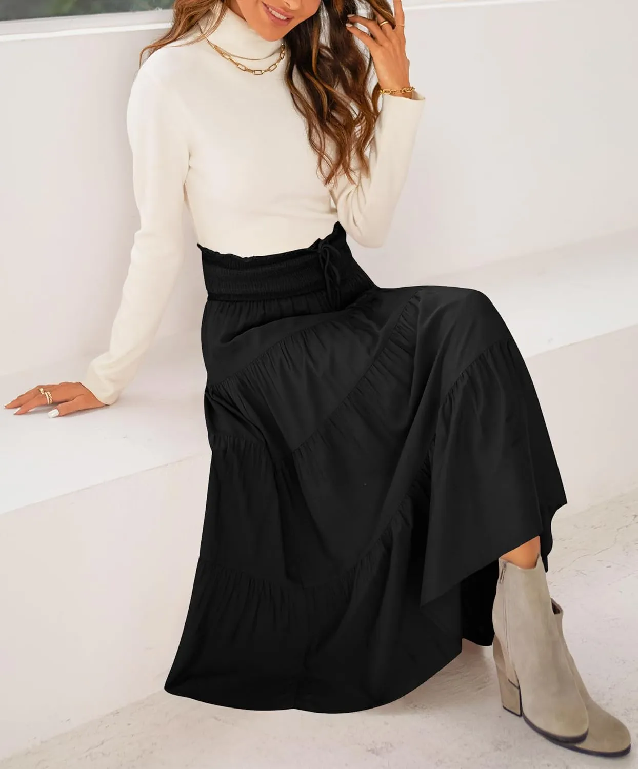 HAEOF Women's Summer Flowy Boho Maxi Skirt Trendy Smocked Waist Ruffle Tiered A Line Casual Beach Long Skirts Midi Dress