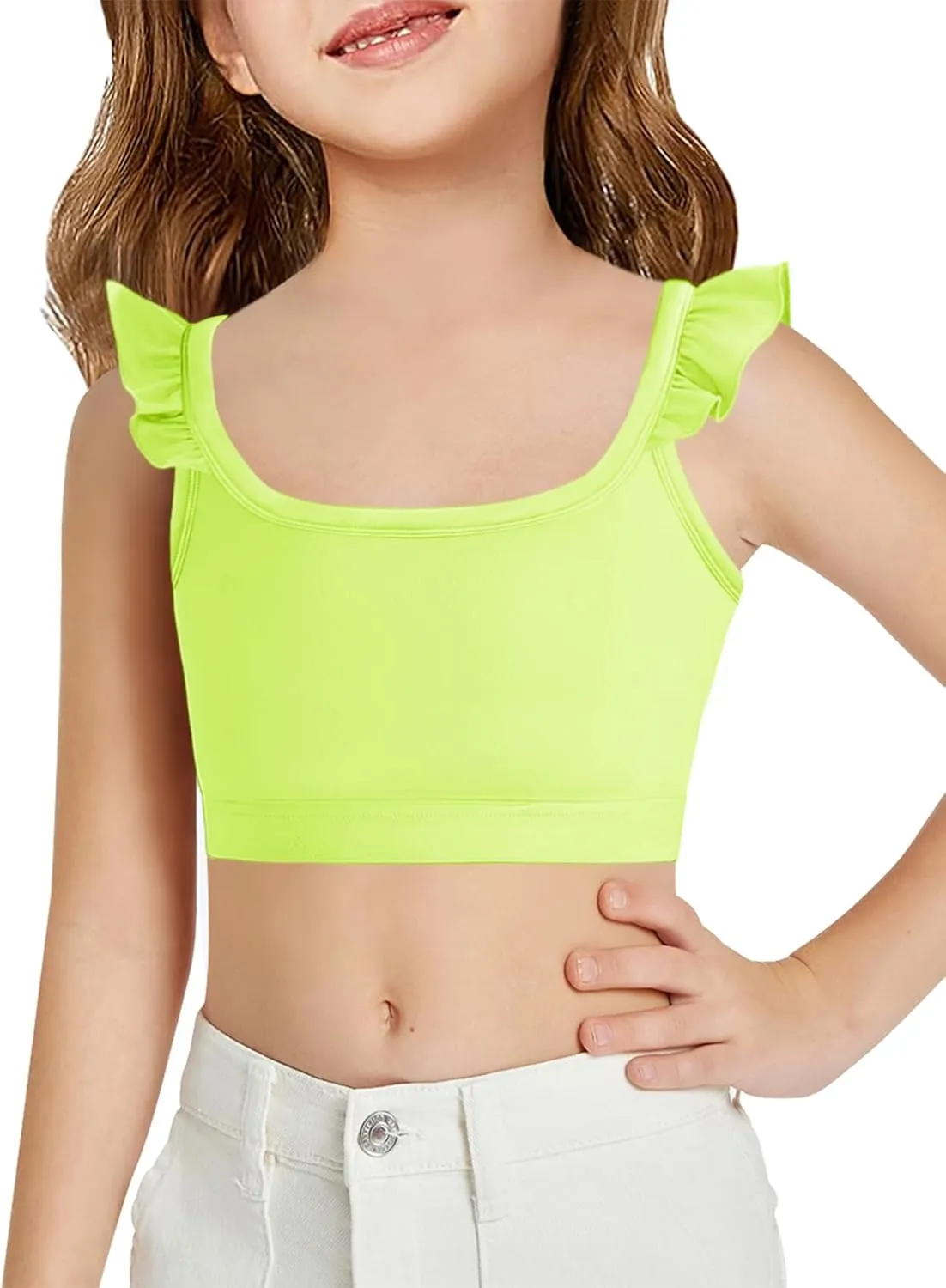 Haloumoning Girls Training Bra Kids Cute Ruffle Sports Bra Workout Yoga Bra Comfort Dance Crop Top