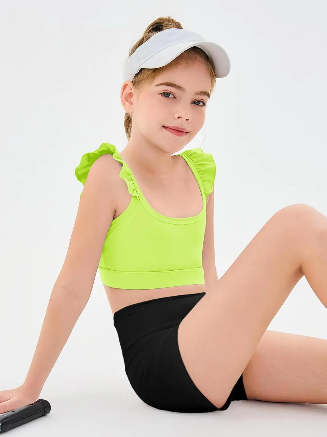 Haloumoning Girls Training Bra Kids Cute Ruffle Sports Bra Workout Yoga Bra Comfort Dance Crop Top