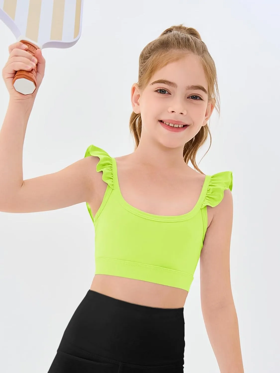 Haloumoning Girls Training Bra Kids Cute Ruffle Sports Bra Workout Yoga Bra Comfort Dance Crop Top