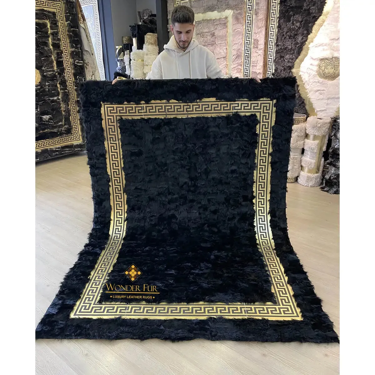 Handmade Luxury Black Gold Natural Sheepskin Bedroom Rug , Soft Fluffy