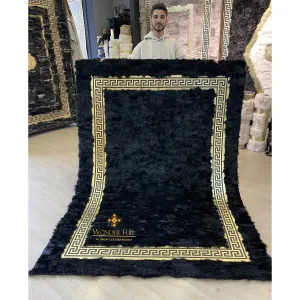 Handmade Luxury Black Gold Natural Sheepskin Bedroom Rug , Soft Fluffy