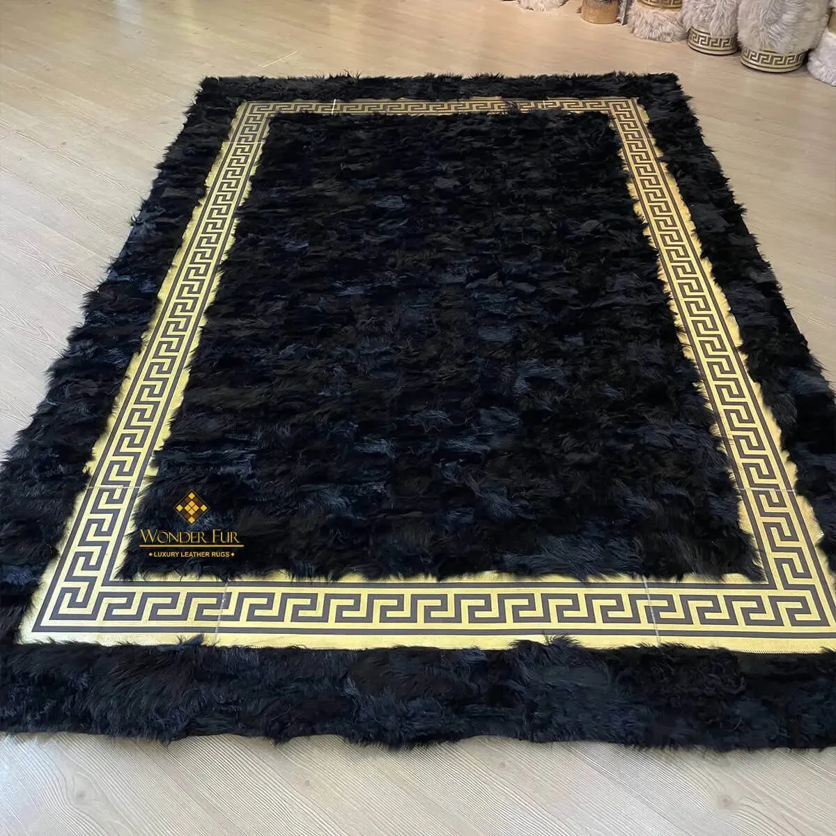 Handmade Luxury Black Gold Natural Sheepskin Bedroom Rug , Soft Fluffy