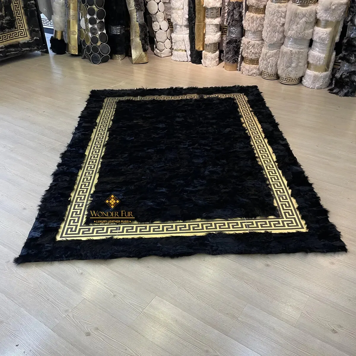 Handmade Luxury Black Gold Natural Sheepskin Bedroom Rug , Soft Fluffy