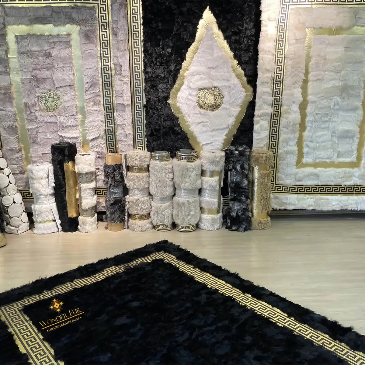 Handmade Luxury Black Gold Natural Sheepskin Bedroom Rug , Soft Fluffy