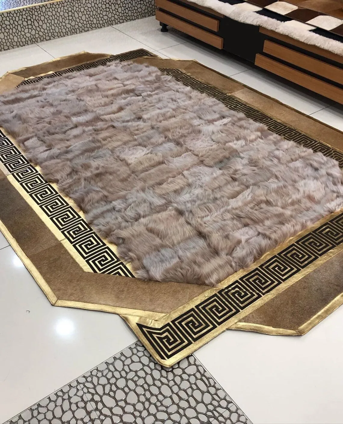 Handmade Natural Sheepskin Brown Gray Large Patchwork Living Room Rug