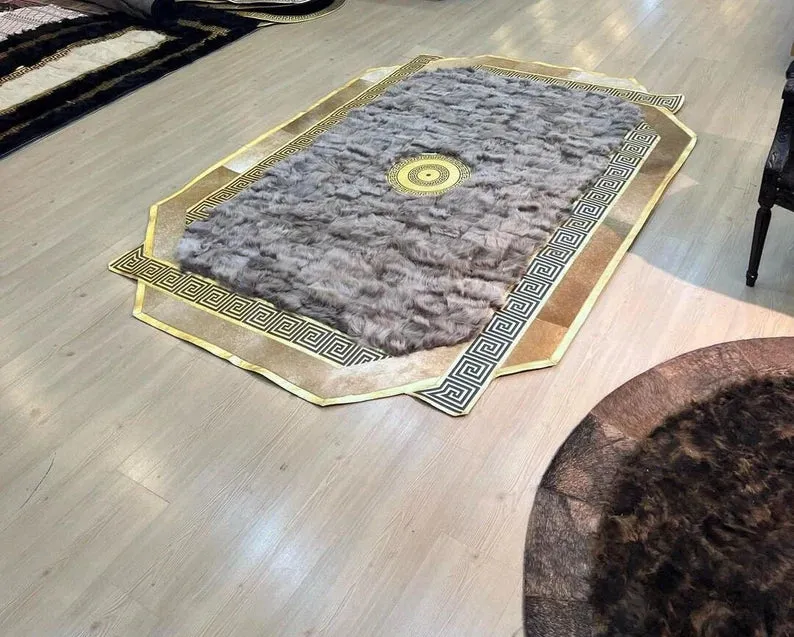 Handmade Sheepskin Area Rug, Grey Lamb Fur Rug