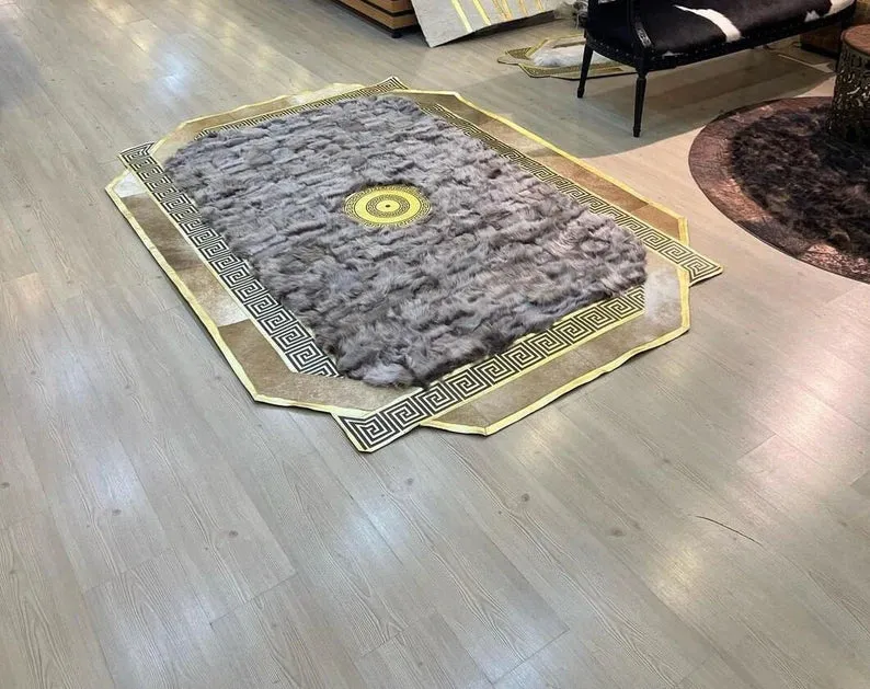 Handmade Sheepskin Area Rug, Grey Lamb Fur Rug