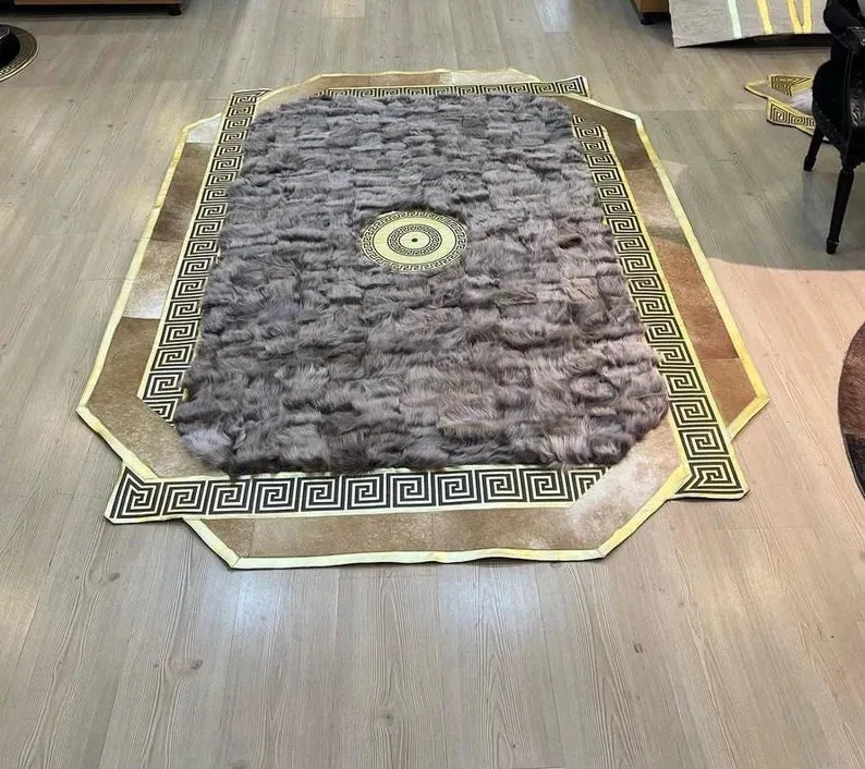 Handmade Sheepskin Area Rug, Grey Lamb Fur Rug
