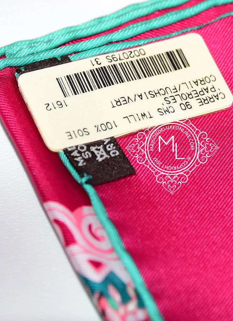 Hermes Corail Fuchsia Twill Silk 90 cm Paperoles Scarf