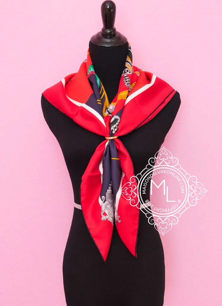 Hermes Red Twill Silk 90 cm Harnais de Cour Scarf